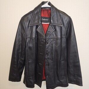 Oakwood Classic Black Leather Jacket Mens Small Red Lined Button Front